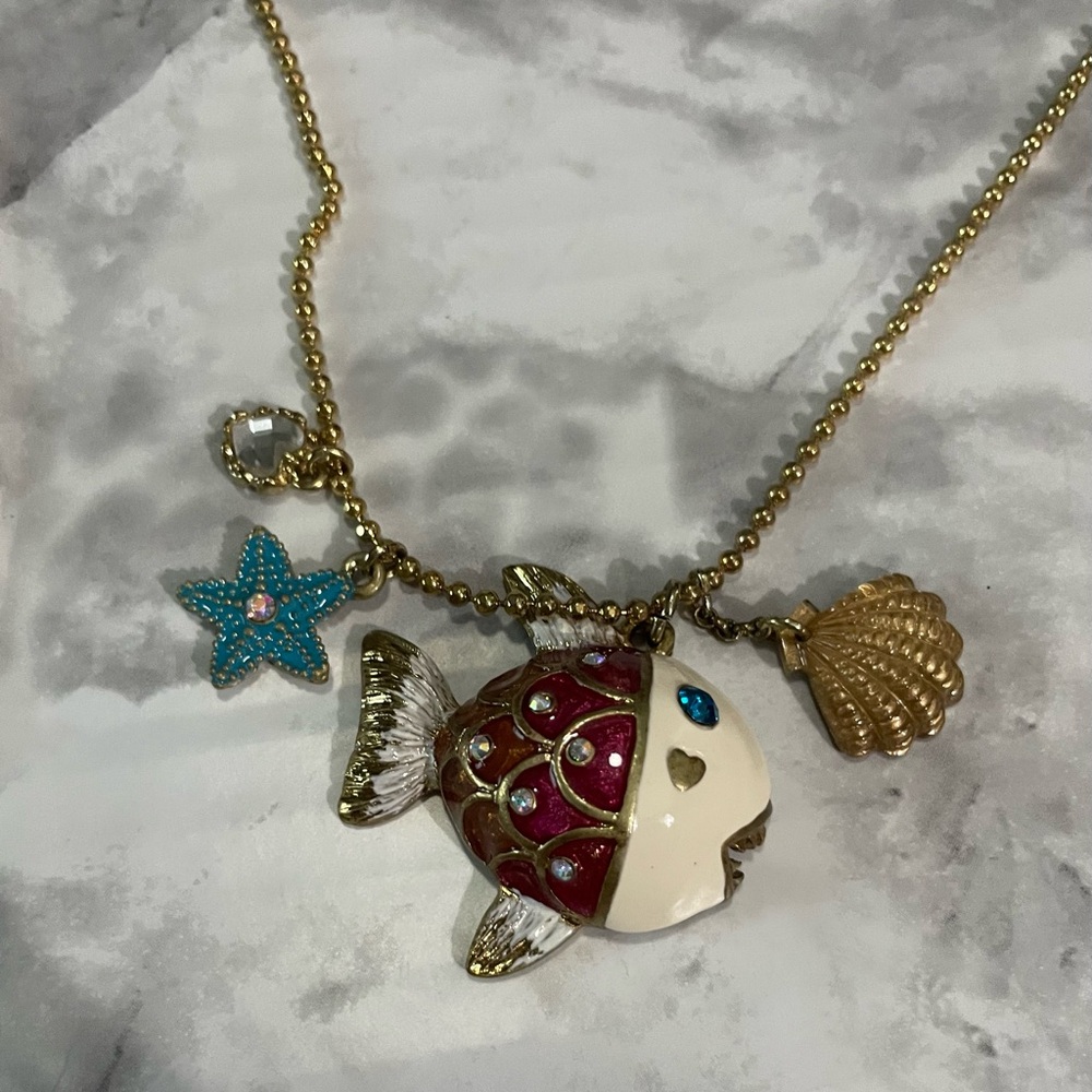 Gold Fish Pendant Necklace with Red and Blue Accents